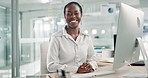 Happy, business and face of black woman with computer in office for crm, faq and schedule planning. Smile, portrait or Africa manager online with pc for client communication, consulting or networking