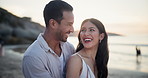 Sunset, laugh and couple at beach on holiday, travel or summer vacation on valentines day date. Happy, man and woman at ocean together for love, joke or conversation for relationship at sea outdoor