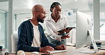 Computer, leader or black people in discussion, conversation or talking for coaching. Tablet, African manager teaching or happy man with pc speaking of digital info, communication or research online