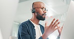 Man, computer and communication for customer care, helpdesk and operator in office. Black male person, call centre representative and tech support for assistance, networking and consultant for sales