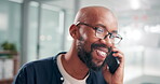 Businessman, phone call and happy with communication in office for networking, conversation and mobile chat. Black person, employee and smartphone with discussion, talking and consulting in workplace