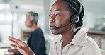 Call center, woman and happy with communication and telemarketing with customer service and headset. Consultant, black person and helpdesk operator with discussion, microphone and crm support at work