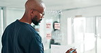 Glass wall, business and black man with brainstorming, writing and planning with a project director and creativity. African person, employee or consultant with schedule or sticky note with PR company