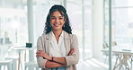 Face, smile and business woman with arms crossed in office, company and workplace for career. Portrait, employee and confident professional agent, consultant and female entrepreneur in Brazil for job