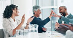 Business people, clapping or teamwork in boardroom after presentation for successful pitch in office. Professional salespeople, high fives and smiles during meeting, workshop or team building