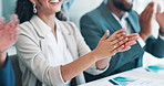 Presentation, applause and closeup of business people in office with good news, achievement or success. Celebration, clapping hands and team of professional lawyers in meeting in workplace boardroom.