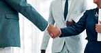 Handshake, business people and introduction in partnership, collaboration and thank you for recruitment. Coworkers, closeup and opportunity for merger in workplace, welcome and support in cooperation