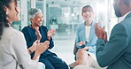 Meeting, goals and applause with business people in boardroom of office together for support. Target, bonus or promotion with employee group clapping in workplace for company or colleague achievement