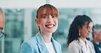 Face, smile and business woman in company, office and workplace for career. Portrait, employee and confident professional agent, consultant and female entrepreneur laughing at meeting for coworking