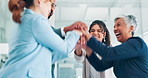 Business, teamwork and people stack hands in celebration of success with applause for group collaboration. Team building, circle and professional huddle with support for mission and goals together