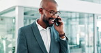 Phone call, smile and walking with business black man in lobby of office for communication or networking. Corporate, mobile and conversation with happy employee in professional workplace for contact