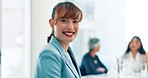 Face, smile and business woman in office, company and workplace for career. Portrait, employee and confident professional agent, consultant and female entrepreneur laughing at meeting for coworking