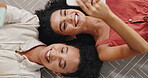 Friends, cellphone and connection to message on bed, happiness and bonding together for care on weekend. Women, mobile app or social media to relax or post update, love or above in bedroom on holiday