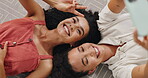 Friends, happiness and peace sign for selfie in home, relax and bonding together for care on weekend. Women, portrait and tongue out on social media, love and above in bedroom on holiday in house