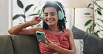 Woman, headphones and cellphone or dancing to music for online entertainment for audio, streaming or subscription. Female person, headset and happy with smartphone or hip hop radio, sound or tech