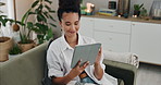 Relax, sofa and woman with tablet, scroll and smile for social media meme, blog or email. Networking, connection and happy girl in living room on digital app for online reading, streaming or news.