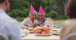 Elderly, couple and happy with video call at birthday party for celebration, laughing and memories in garden. Senior, man and woman with smartphone for photography, gathering and event in backyard