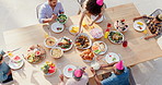 Family, table and birthday party outdoor on a patio from above with celebration, food and love. Home, event and cake with lunch and serving meal with parents, grandparents and kids together for dish