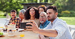 Selfie, family and funny in backyard with birthday, social media and grandparents outdoor. Home, smile and table with celebration and party cake in garden with parents and kids with love and food