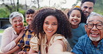 Happy family, face and selfie on garden in nature, generations and love for bonding together on vacation. Parents, kids or elders with care in portrait in countryside, excited or travel for wellness