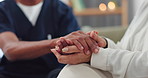 Empathy, closeup and nurse holding hands with woman for consulting with kindness, comfort or support. Sorry, understanding and health specialist with patient in consultation room, solidarity or hope