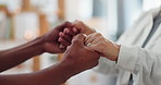 Homecare, holding hands or empathy by caregiver for senior woman in a house with kindness, comfort or support closeup. Hope, recovery or nurse and old person with understanding, trust or compassion