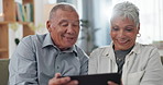 Mature, couple and tablet on sofa for online streaming, reading ebook or happy with retirement plan at home. Senior people on digital technology for pension website, online choice or talking together