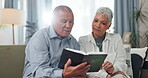 Senior, couple and home reading bible and talking of faith, god or helping with spiritual guide of scripture on sofa. Elderly man, pastor and christian woman with holy book for religion and support