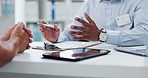 Hands, doctor and patient with clipboard for results, insurance paperwork and tablet for healthcare. People, medic and checklist with pen in consultation, counselling or discussion in hospital office