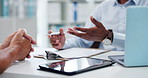 Man, hands and doctor consulting patient with clipboard, documents or insurance for healthcare at hospital. Closeup of male person or medical employee in consultation, advice or help at clinic desk