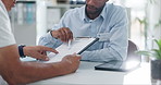 Man, doctor and hands with form in consultation for signature, application or health insurance at hospital. Closeup of person or medical employee explaining document or paperwork to patient at clinic