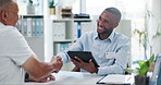 Man, doctor and handshake with tablet, patient or consultation for healthcare results or diagnosis at hospital. Male person or medical employee shaking hands with technology for agreement at clinic