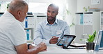 Man, doctor and tablet with patient, brain scan or consultation for examination results at hospital. Male person, medical employee or nurse pointing to technology for MRI or x ray at neurology clinic