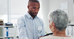 Black man, healthcare and tablet with patient for consultation, checkup or results at clinic. Medical professional, technology and office for schedule, diagnosis or heart disease of elderly woman