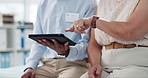 Hands, doctor and patient with tablet in clinic for results, insurance and scroll for healthcare. People, medic and digital touchscreen with click consultation, counselling or chat in hospital office