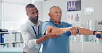 Dumbbells, physical therapy and old man with physiotherapist, muscle training and strength with senior care. Health, wellness and men at physio clinic for weightlifting, rehabilitation and equipment