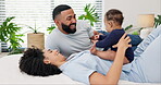 Family, baby and parents in bedroom with relax for bonding, playing and love with happiness. Infant, woman and man with smile, care and morning routine in nursery for support, trust and wellness