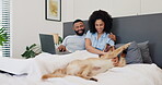 Couple, bed and laptop with dog for relax weekend in apartment for online streaming, subscription or happy. Man, woman and labrador on holiday in home with pet for digital search, resting or animal