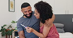 Couple, pregnancy test and excited with results, hug for happiness and milestone in life. People in bedroom, pregnant and good news, marriage and relationship with success and commitment at home