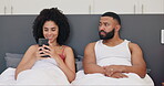 Couple, phone and jealous in bedroom for relationship with cheating, social media secret and online message. Frustrated, man and woman with smartphone for sneaky chat, toxic marriage and infidelity 