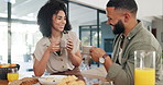 Coffee, love and happy couple in a kitchen for breakfast, bonding or romantic anniversary celebration. Food, love and people on hotel holiday for Valentines day brunch, meal or diet and nutrition