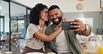 Home, selfie and couple with love, funny and smile with happiness and social media in a living room. Apartment, man and woman in a lounge, profile picture and humor with laughing and bonding together