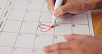 Calendar, hands and save of date for valentines day, commitment and visual reminder for love event. Person, drawing and heart shape to schedule engagement in planner, note and goals for romantic day