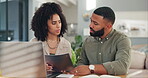 Couple, laptop and paperwork or home insurance or conversation for online agreement, mortgage or expenses. Man, woman and document for payment finances on internet for house, network or guidelines