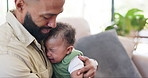 Comfort, crying and father with baby in home for bonding, relationship and console emotions and tears. Parenting, family and dad holding sad infant child for care, support and hug in living room