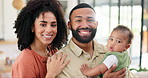 Parents, baby and hug in family home with face for care, love or pride for childhood development. Mother, father and happy for connection to infant child, growth or embrace with support in apartment