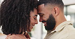 Happy couple, forehead and love for affection, support or care in embrace, romance or intimacy at home. Face of man and woman with smile or touch for healthy relationship, bonding or intimate moment