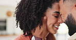 Happy couple, face and love for affection, support or care in embrace, romance or intimacy at home. Closeup of man and woman with smile or touch for healthy relationship, bonding or intimate moment