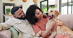 Man, woman and dog on couch to relax with care, love and bonding with golden retriever in home living room. People, pet and happy on lounge sofa with stroke for hug together at apartment in Colombia