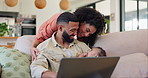 Baby, mother and father working from home with support, love and care on sofa and laptop for online planning. Freelancer, writer or dad and mom with newborn child, computer and family or parents blog